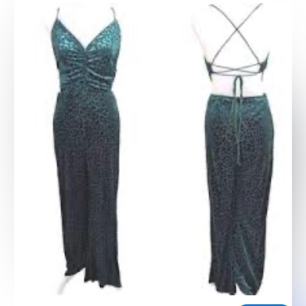Miss Avenue Women’s Strappy Back Wide Leg Green Leopard Burnout Jumpsuit Sz L
